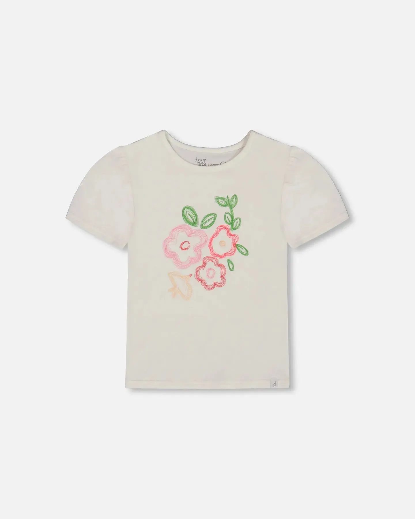 Organic Cotton Tee With Puff Sleeve Pink Flower On White Background