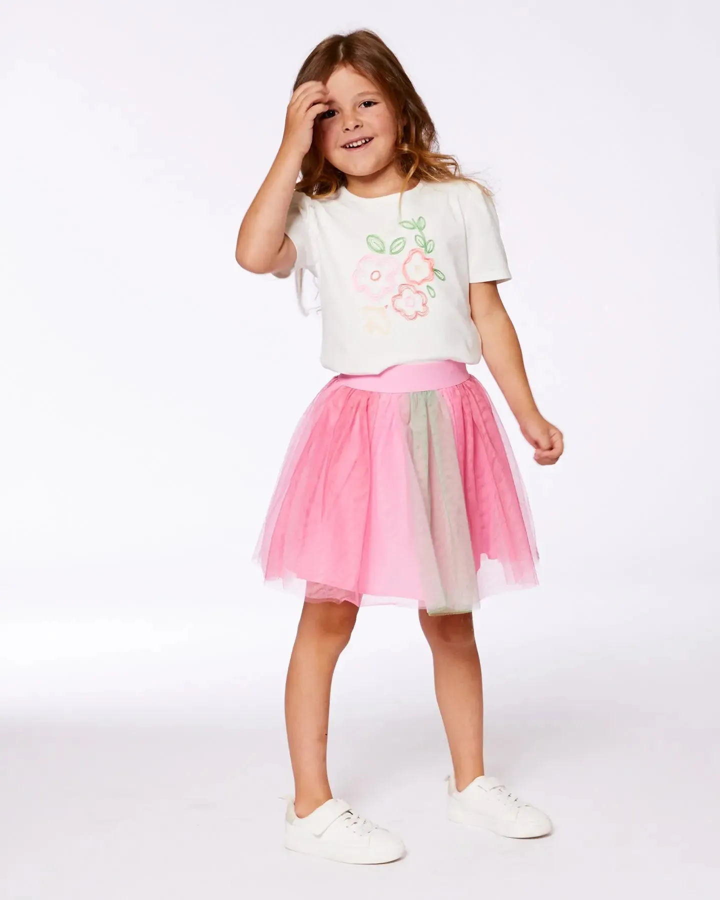 Organic Cotton Tee With Puff Sleeve Pink Flower On White Background