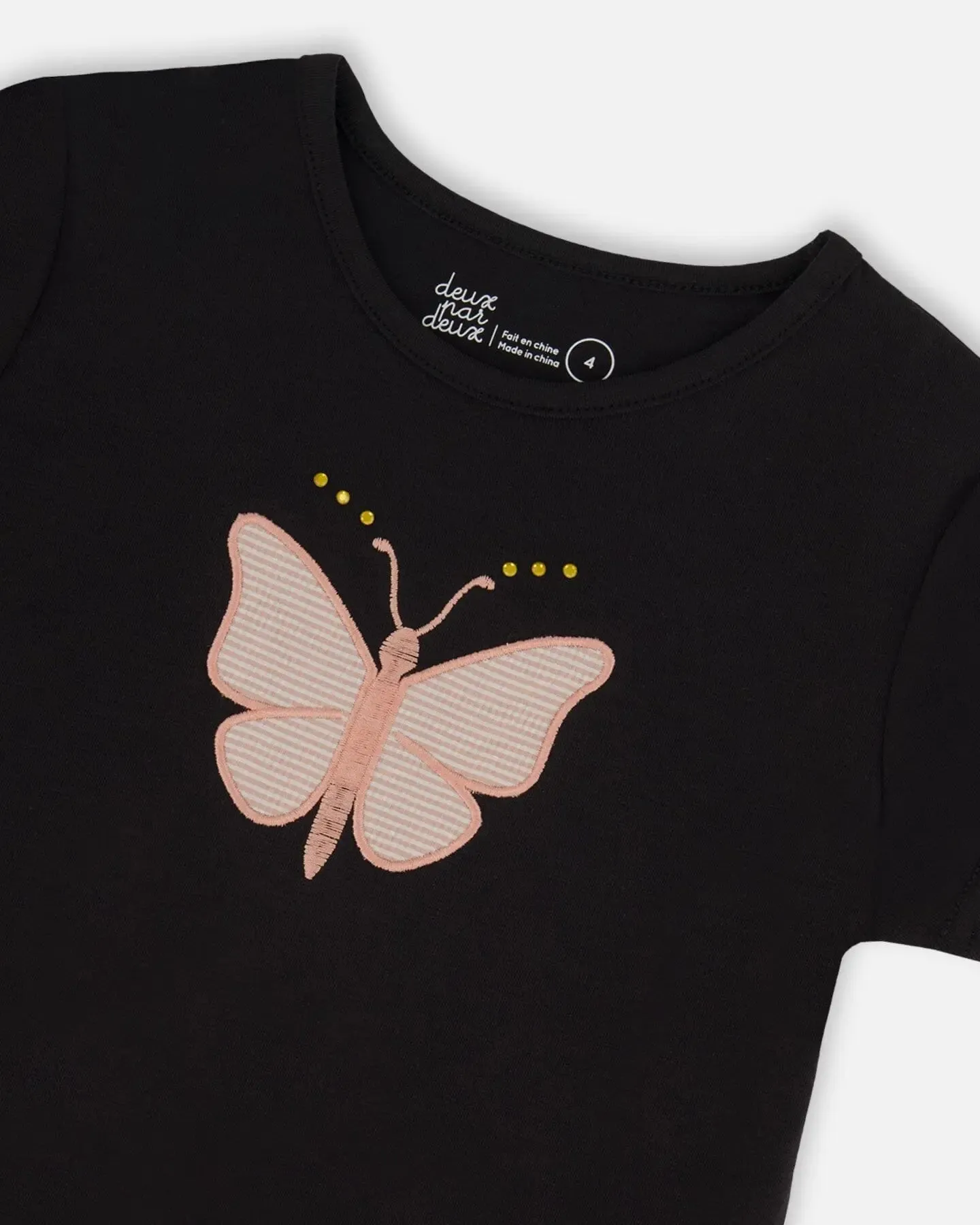 Organic Cotton Top With Applique Black And Pink Butterfly