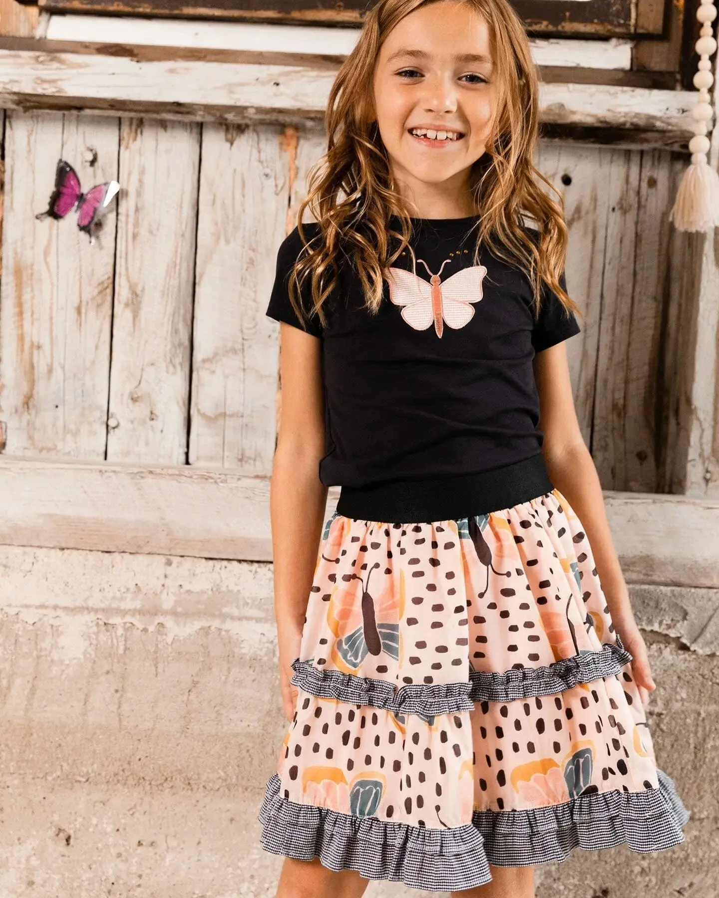Organic Cotton Top With Applique Black And Pink Butterfly