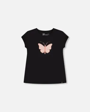 Organic Cotton Top With Applique Black And Pink Butterfly