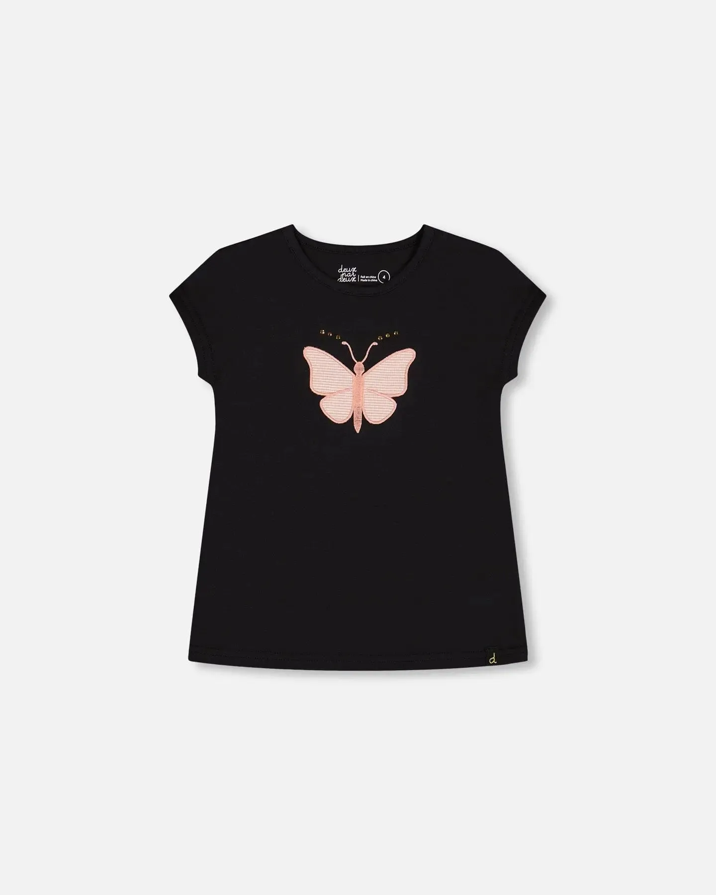 Organic Cotton Top With Applique Black And Pink Butterfly
