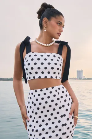 Phoebe | Black & White Polka Dot Crop Top With Tie Straps Tie Club L London