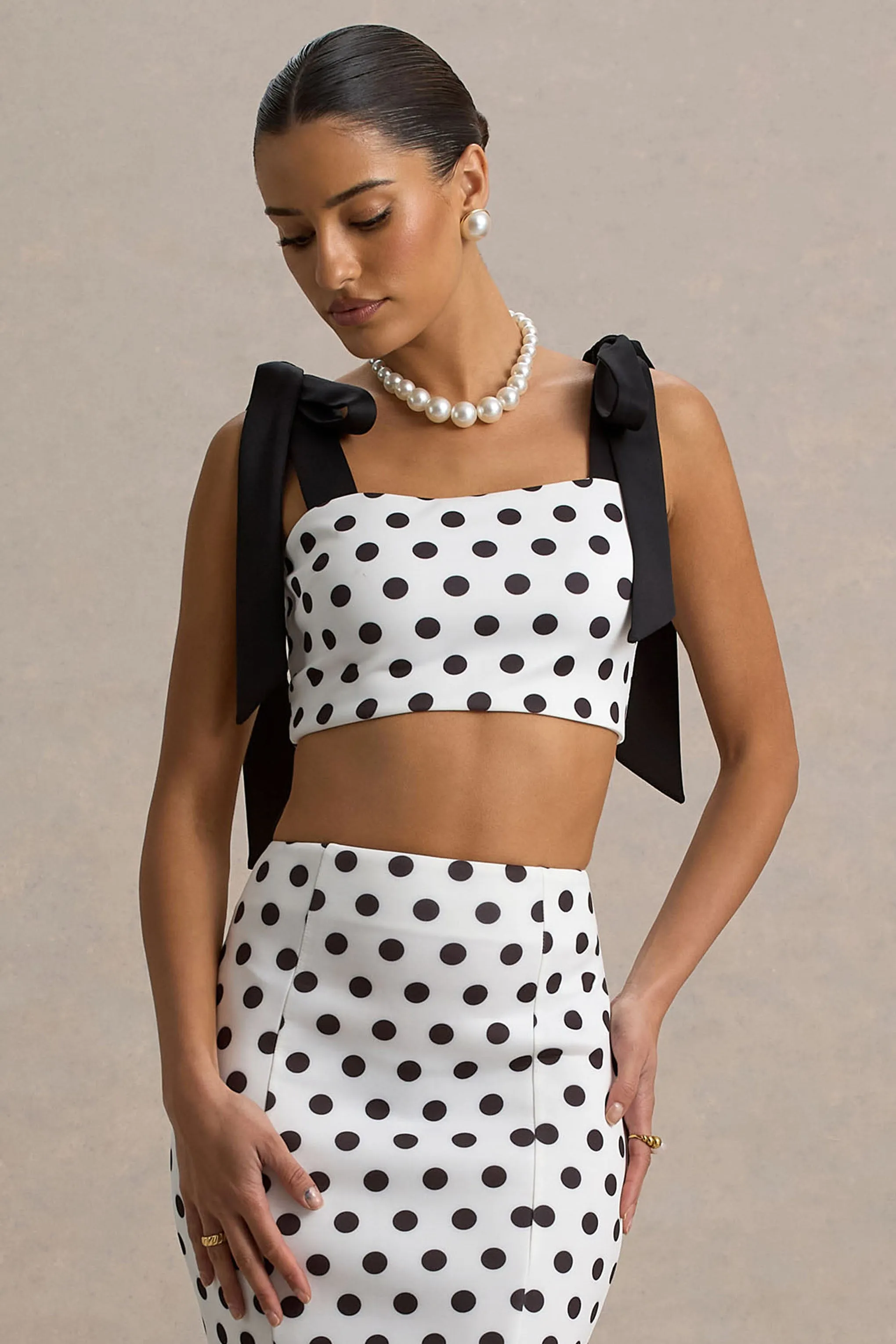 Phoebe | Black & White Polka Dot Crop Top With Tie Straps Tie Club L London