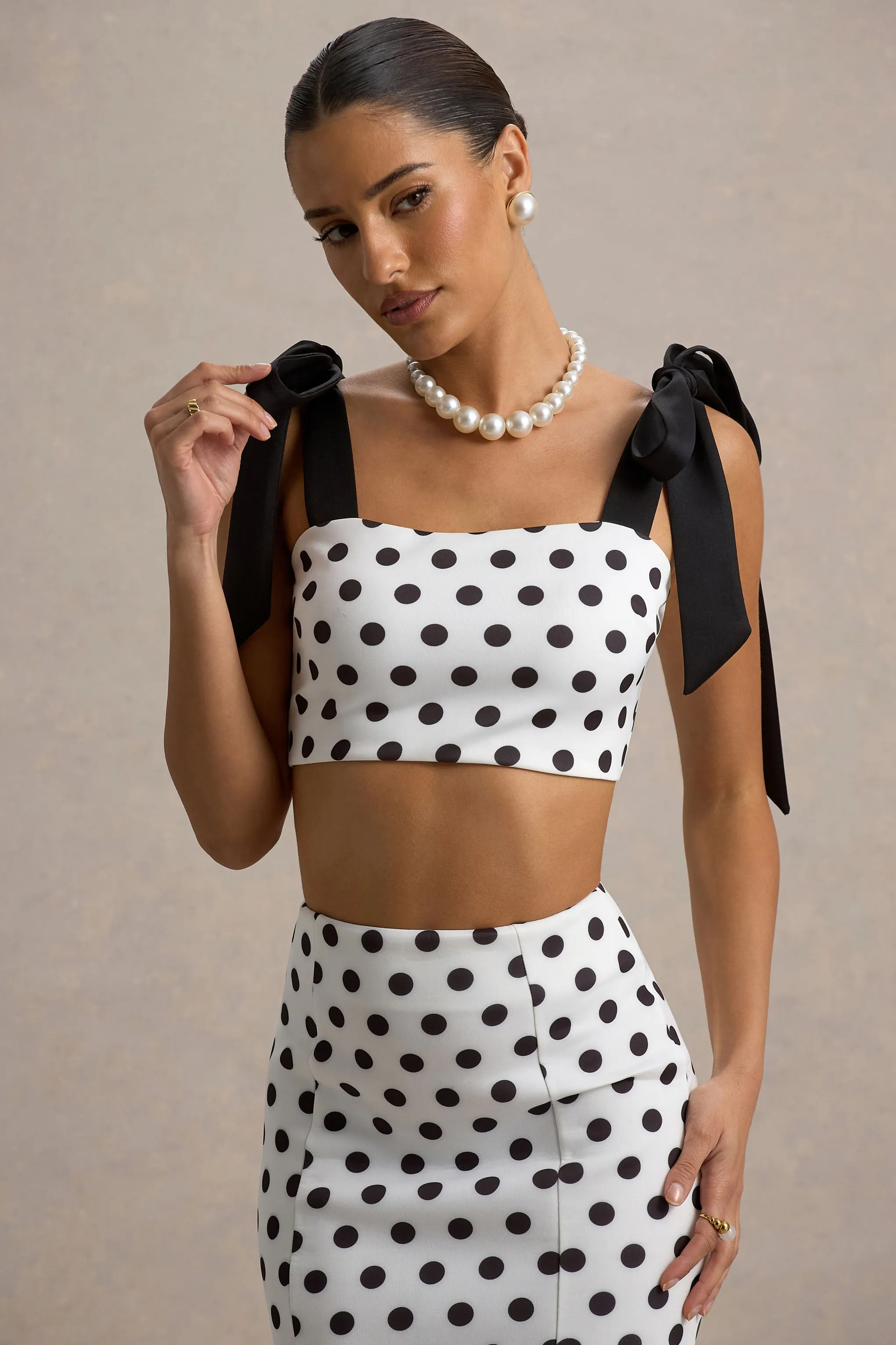 Phoebe | Black & White Polka Dot Crop Top With Tie Straps Tie Club L London