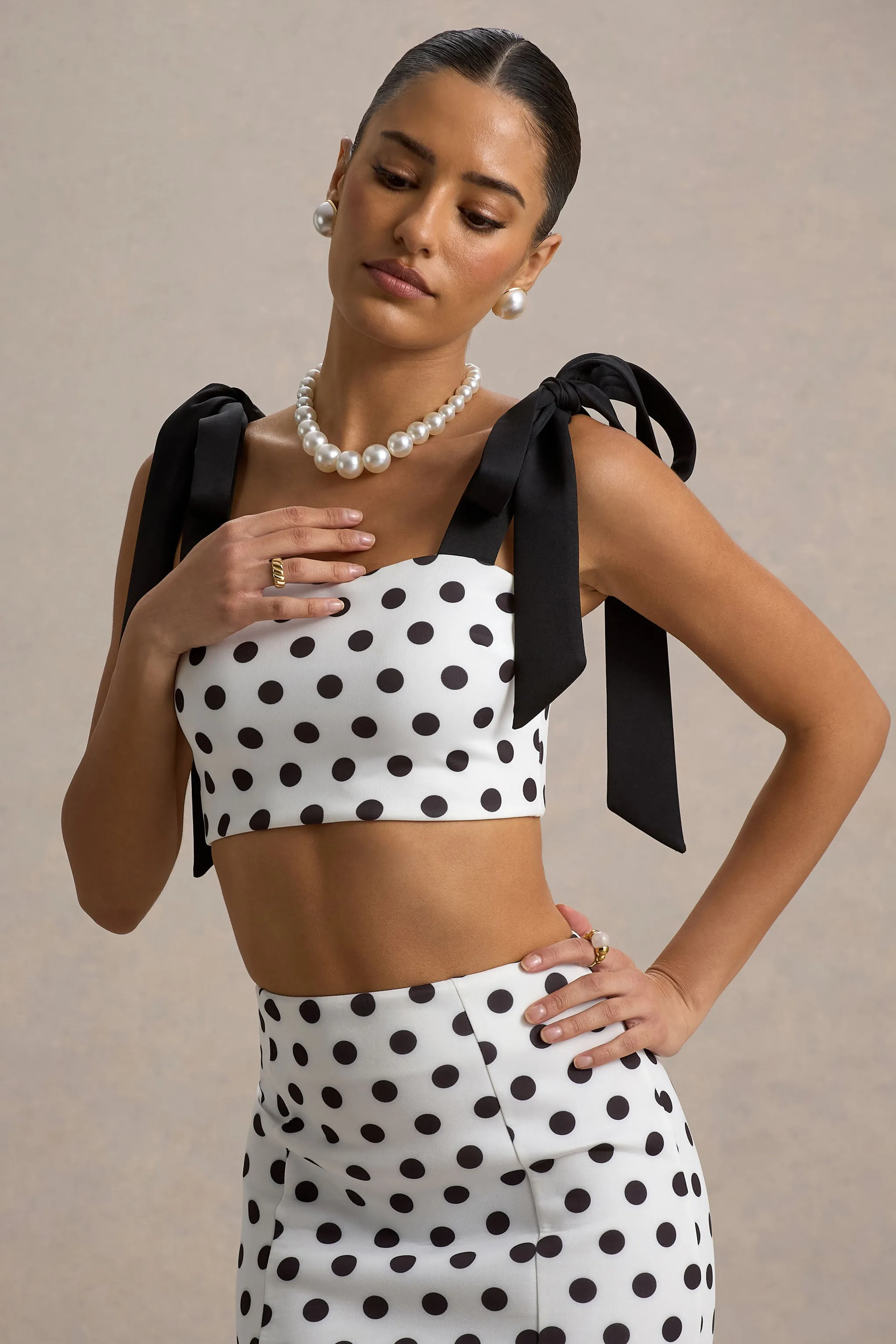 Phoebe | Black & White Polka Dot Crop Top With Tie Straps Tie Club L London