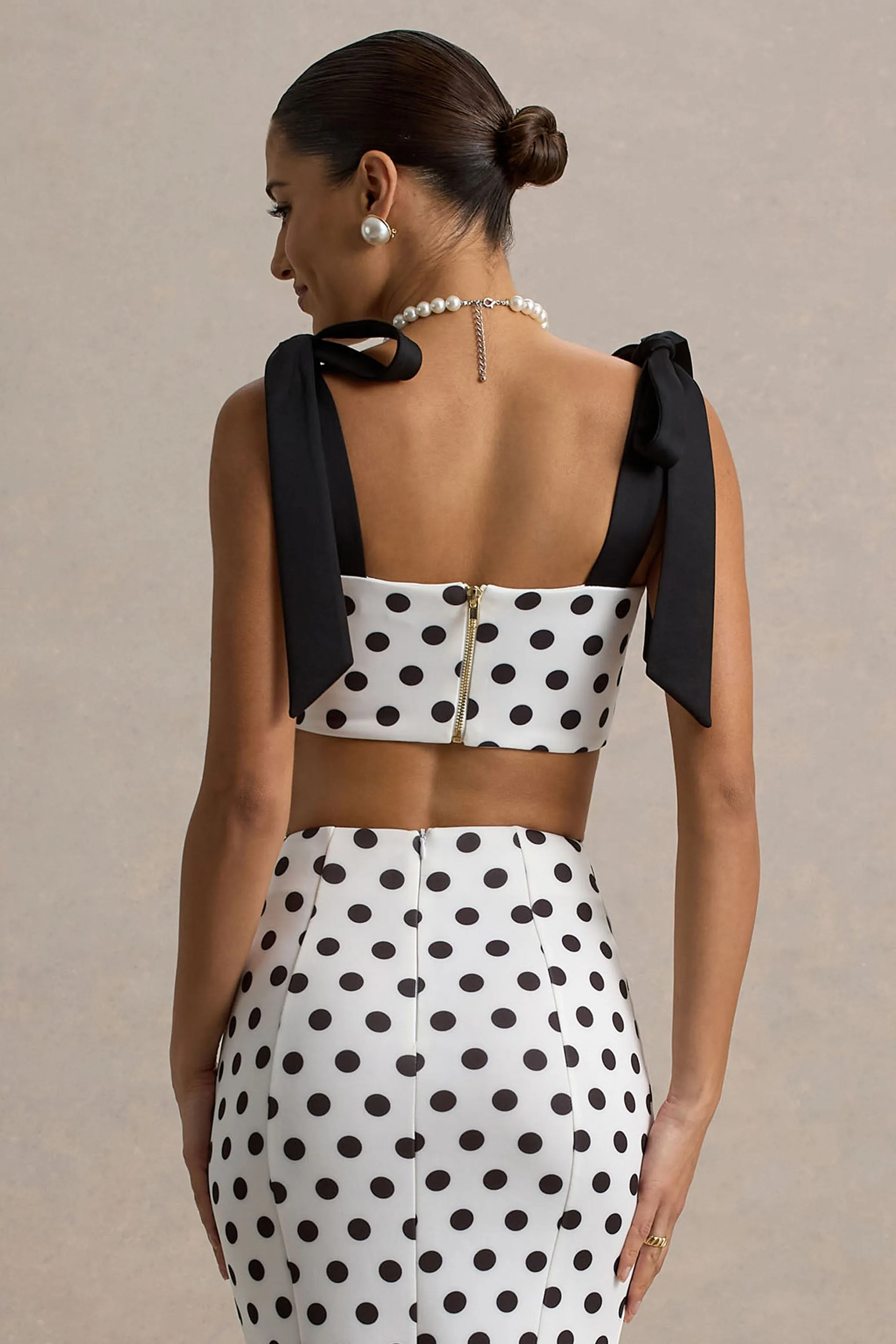 Phoebe | Black & White Polka Dot Crop Top With Tie Straps Tie Club L London