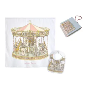 Pink Carousel Organic Cotton Swaddle & Bib with Gift Box Set