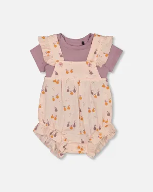 Printed Muslin Shortall And Organic Cotton Onesie Set Peach With Pears
