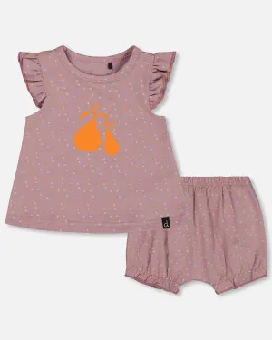 Printed Organic Cotton Top And Bloomer Set Purple With Pear Seeds