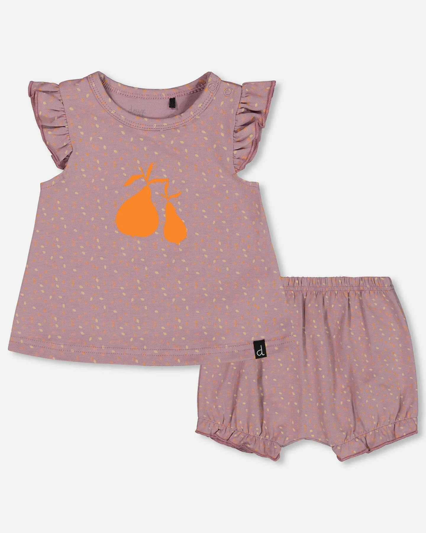 Printed Organic Cotton Top And Bloomer Set Purple With Pear Seeds