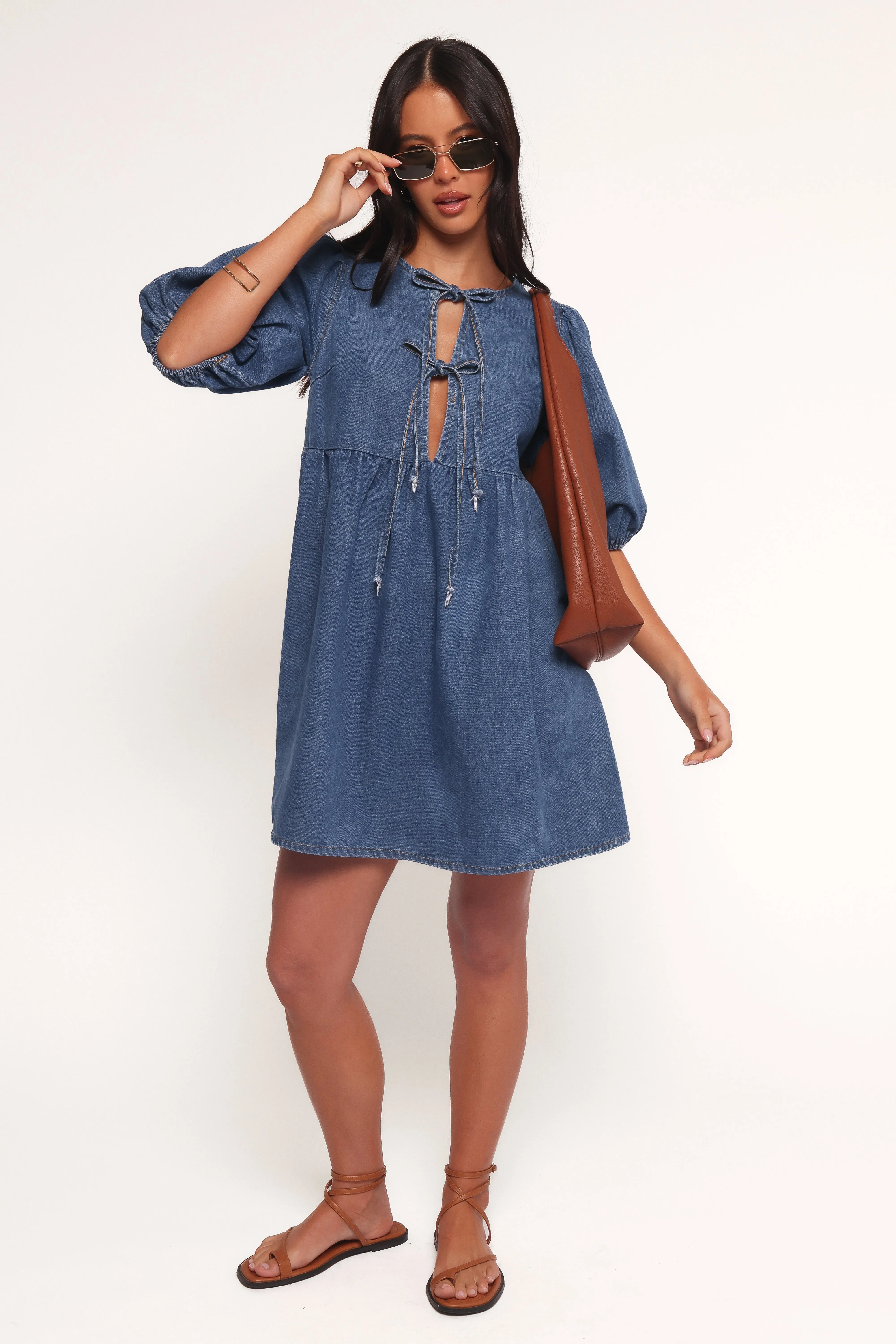 Romana Tie Front Mini Dress - Dark Denim