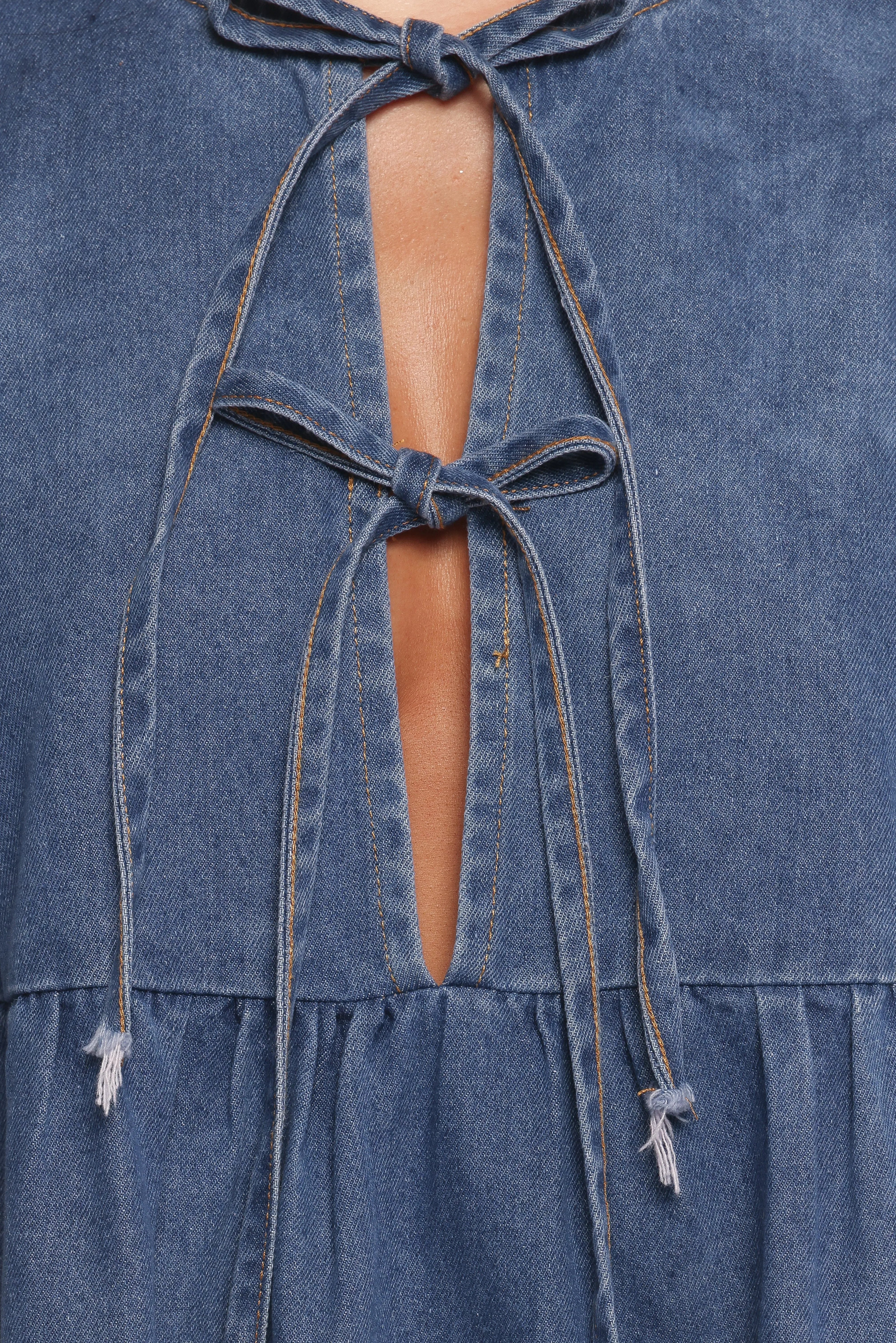 Romana Tie Front Mini Dress - Dark Denim