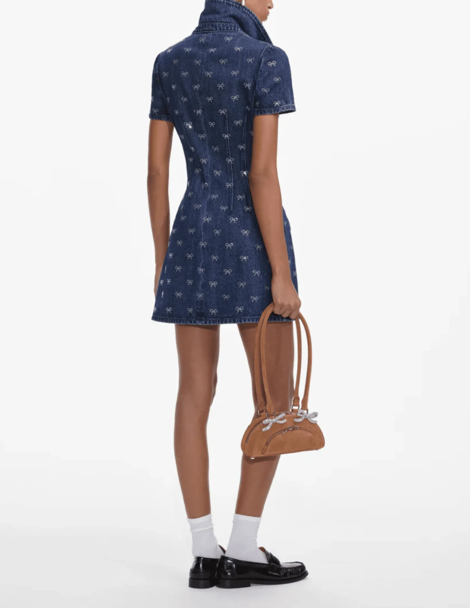 Self-Portrait Denim Diamante Bow Collared Mini Dress