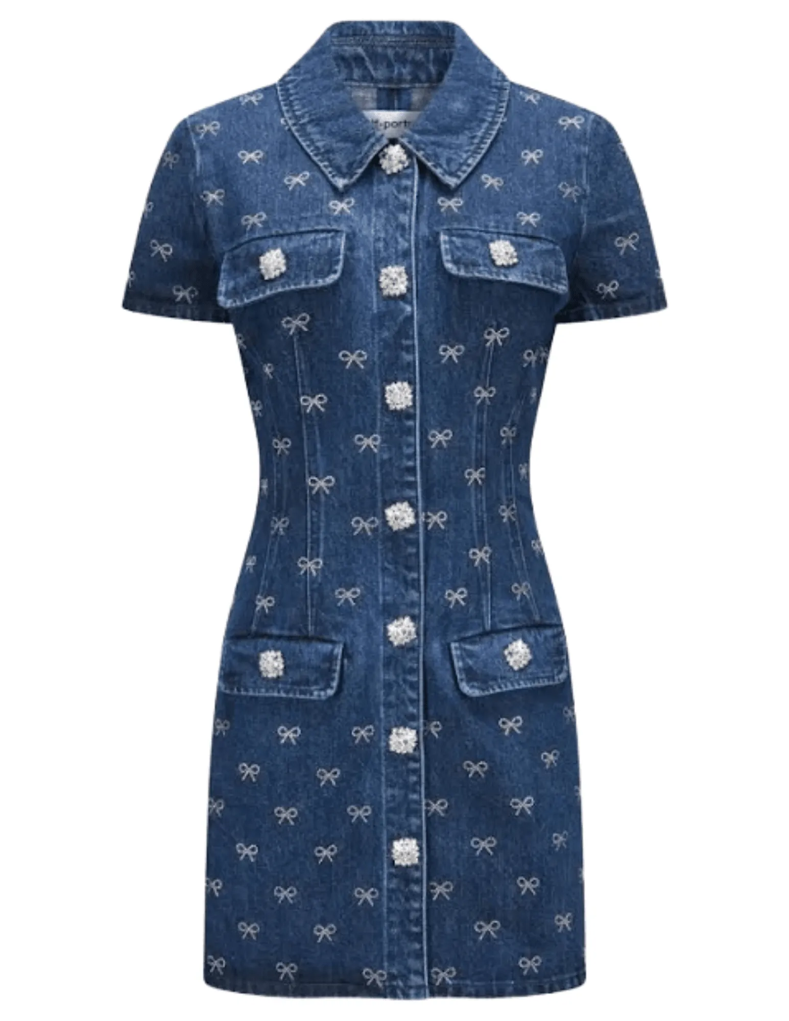 Self-Portrait Denim Diamante Bow Collared Mini Dress