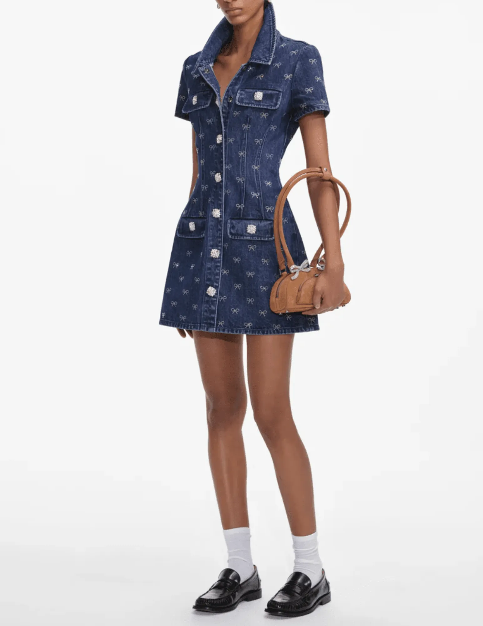Self-Portrait Denim Diamante Bow Collared Mini Dress