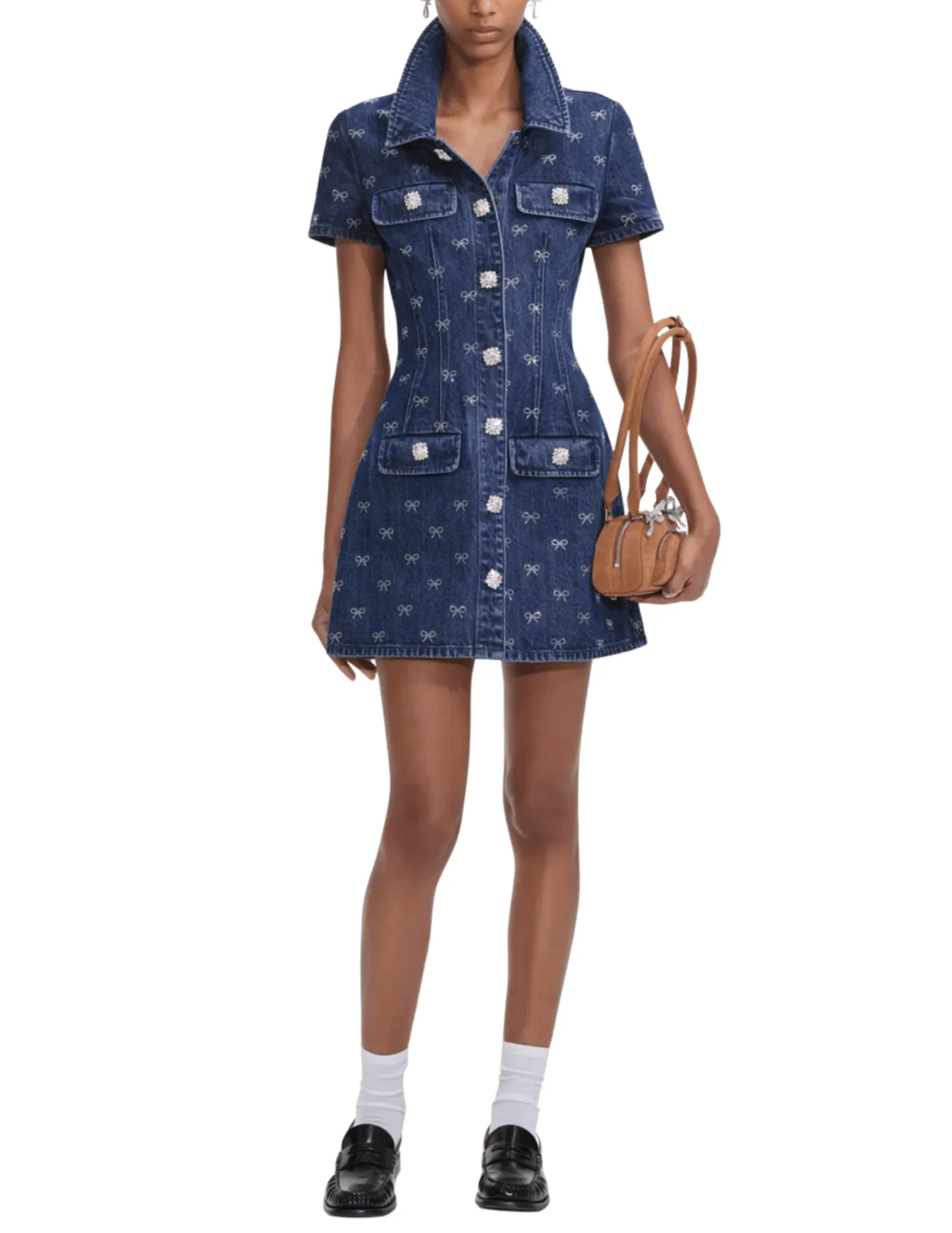 Self-Portrait Denim Diamante Bow Collared Mini Dress