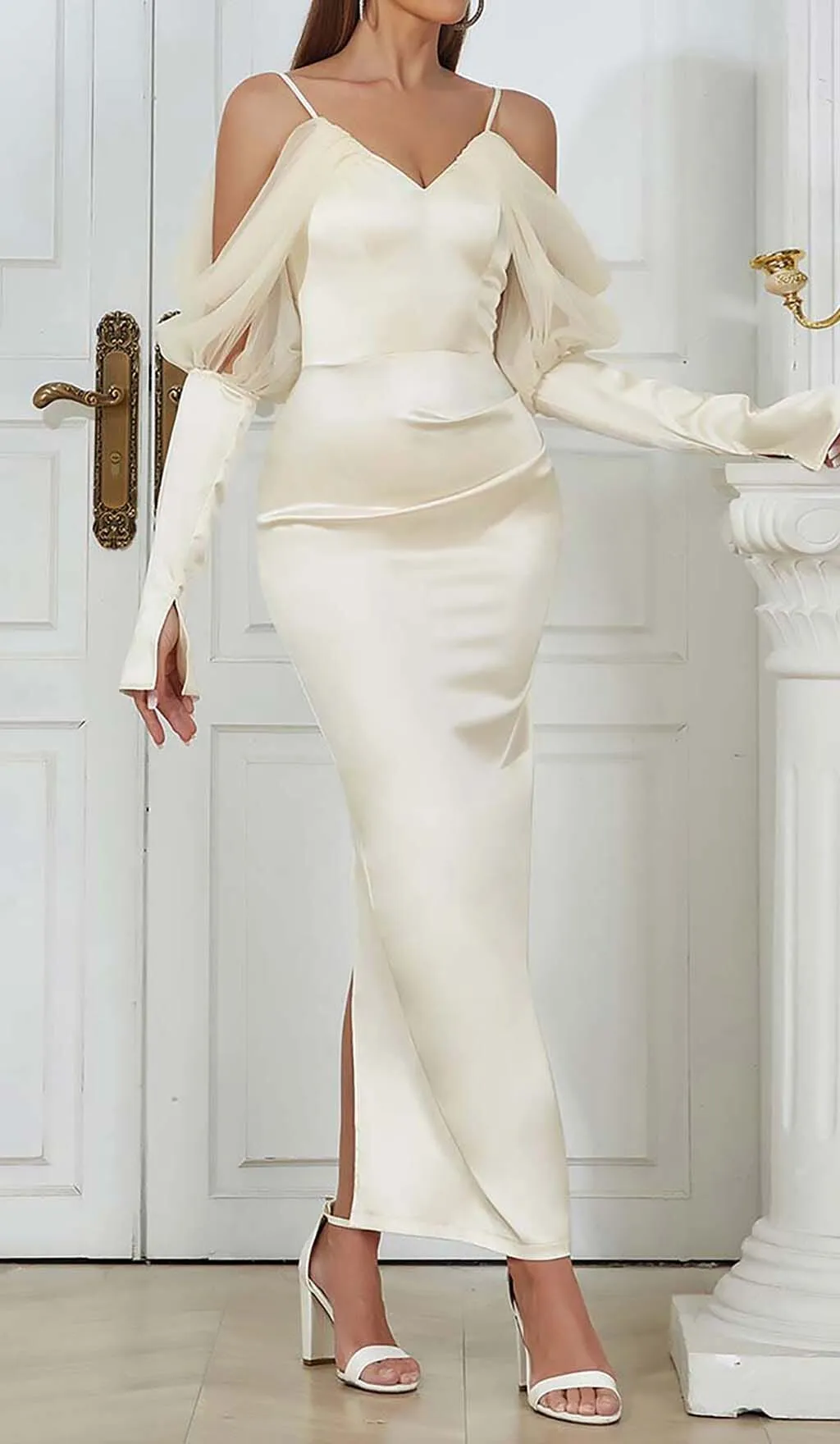 SILK COLD SHOULDER MIDI DRESS IN APRICOT Gloria Lanvin