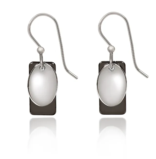 Silver Forest Earrings Mini Layered White Oval on Black Rectangle Silver Drop