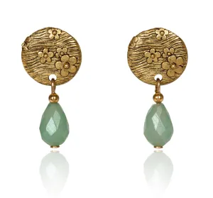 Silver Forest Floral Stamped Disc with Light Green Gem Drop Earrings