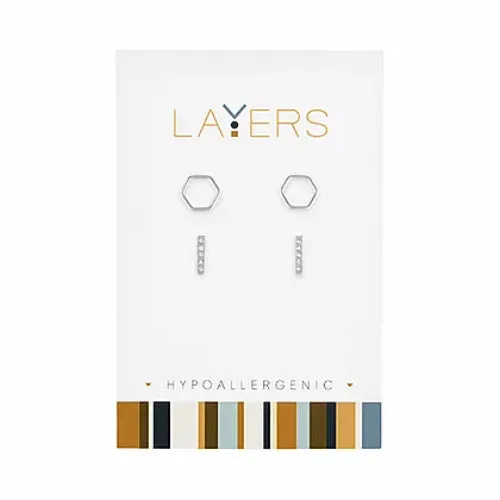 Siver Hexagon & CZ Bar Duo Pair Stud Layers Earrings