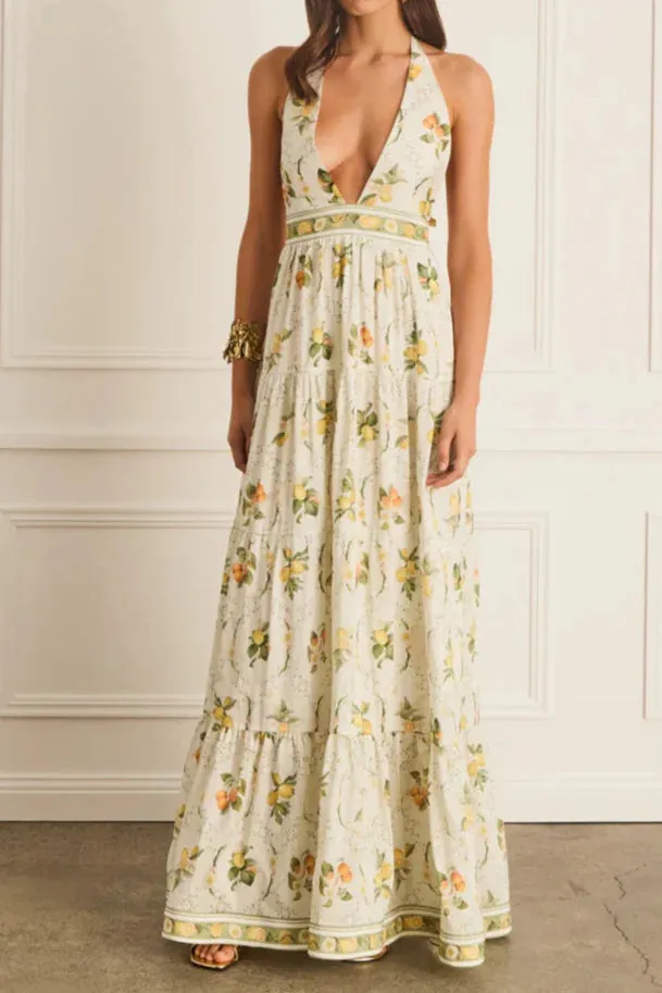 Valencia Jacinta floral print Maxi Dress in yellow Gloria Lanvin