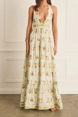 Valencia Jacinta floral print Maxi Dress in yellow Gloria Lanvin