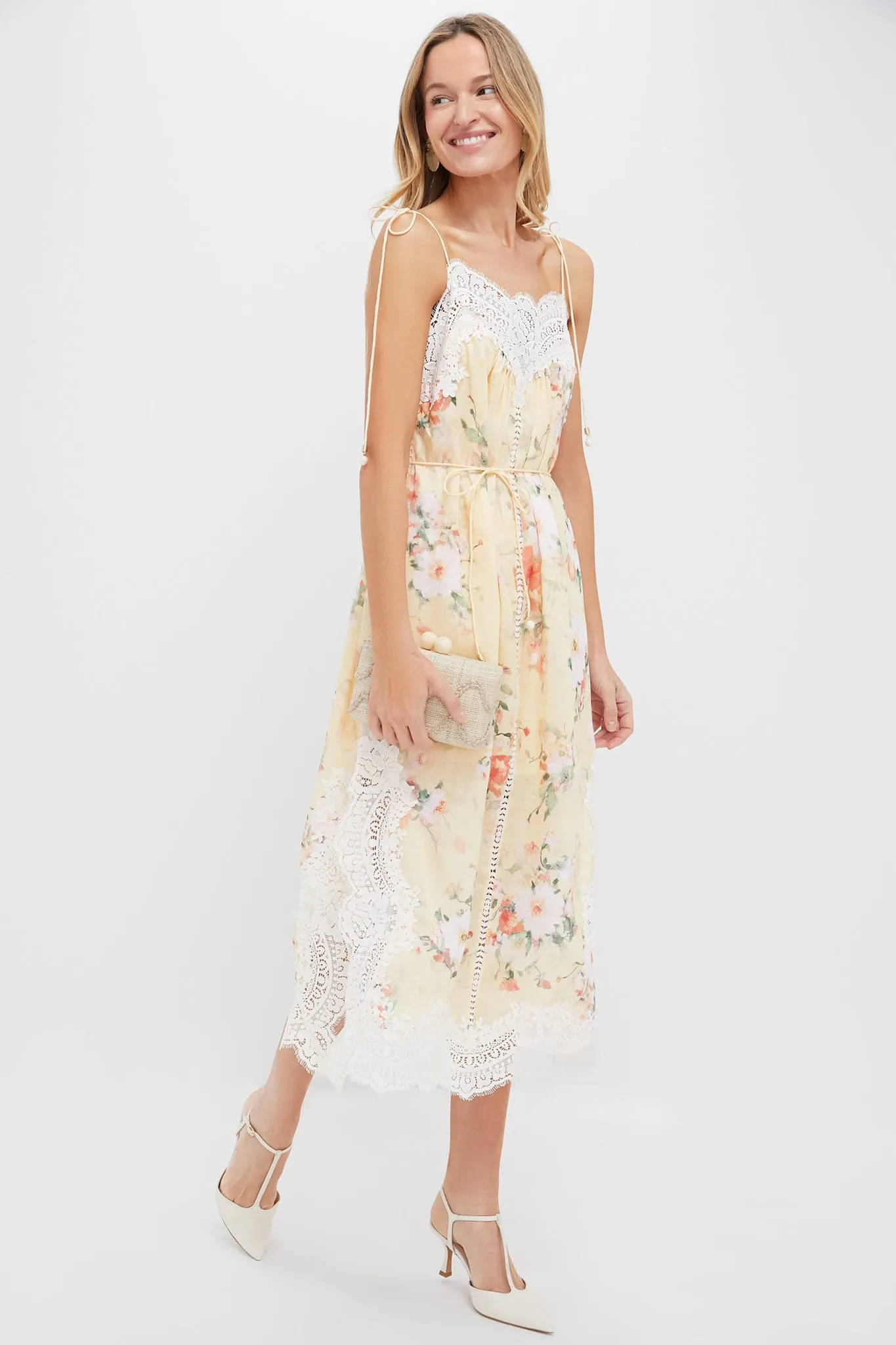 Yellow Watercolour Floral Everley Lace Trim Slip Dress